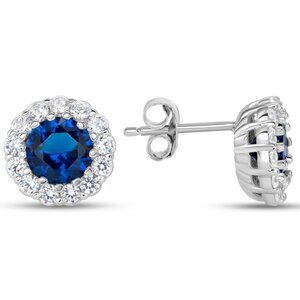 Silver 925 Rhodium Plated Blue Cubic Zirconia Round Stud Earrings